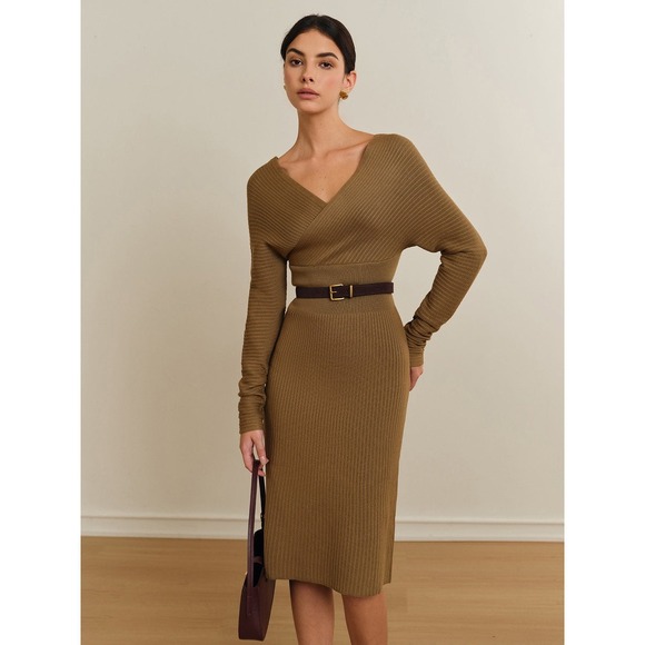 Commense Ribbed Knit Midi Dress Long Sleeve V Neck Olive Career Casual‎ size XS - Picture 6 of 14